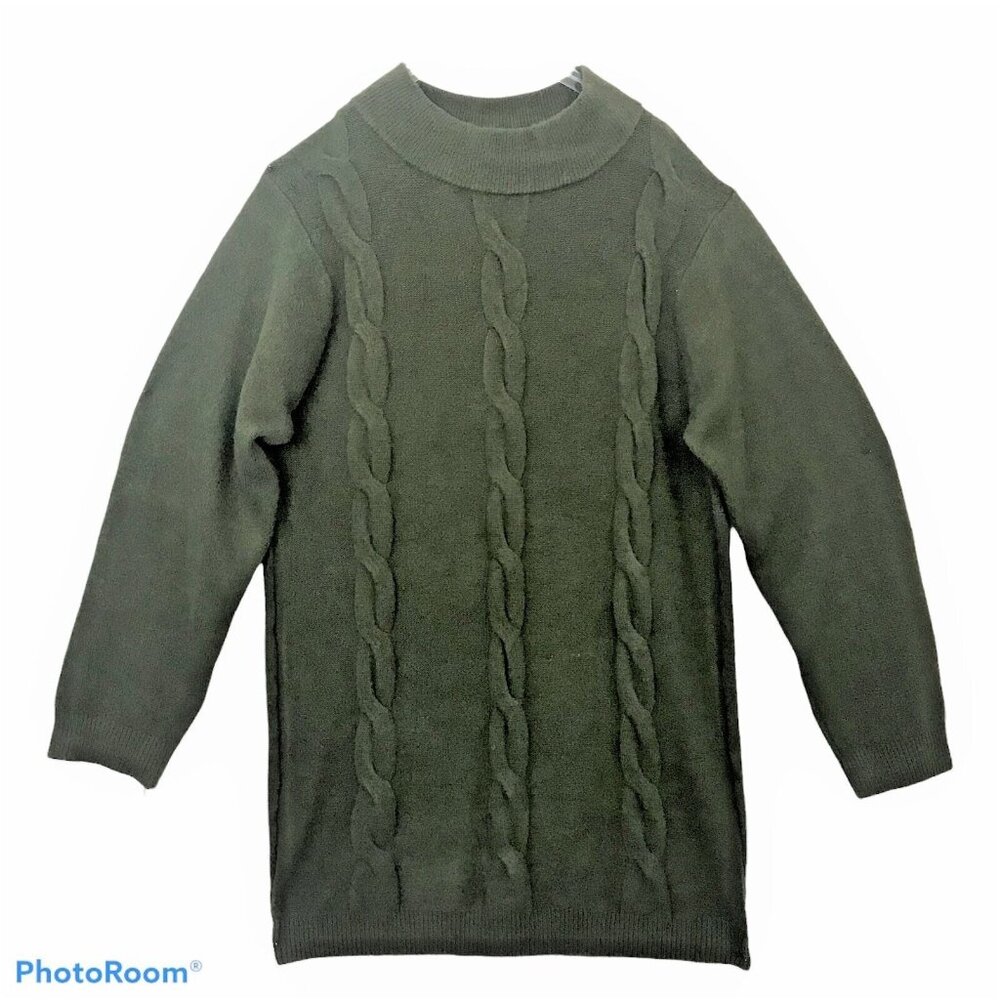 COZY CASUAL Sweater Dress Sz 3X Cable Knit Long Sleeve Knee Length Olive Green